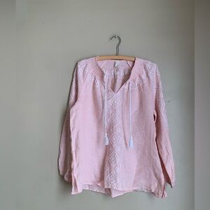 Joie pink embroidered linen peasant Bohemian Feminine top Shirt Blouse